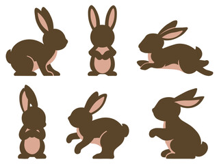 Easter Bunny Vector Illustration Set – Cute Rabbits Silhouette in Different Poses: Hopping, Sitting, and Playing – Isolated on White Background