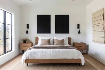 Fototapeta premium Modern bedroom with a comfortable bed, neutral colors, and large windows overlooking a scenic view.