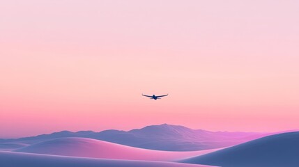 Desert sunset, bird in flight, peaceful landscape, calm background, nature photography