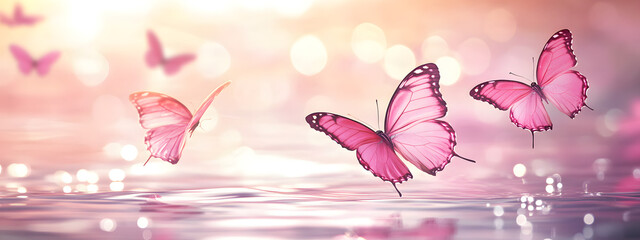 Pink butterflies flying in the water, dreamy and pink tones
