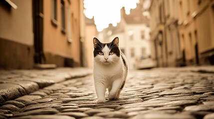 Black and white cat walking cobblestone alleyway, old European town