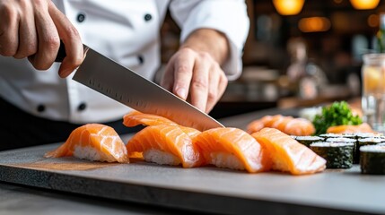 Chef Skillfully Slicing Fresh Salmon Sushi Rolls in a Contemporary Restaurant Setting with a Focus on Culinary Artistry and Precision Techniques