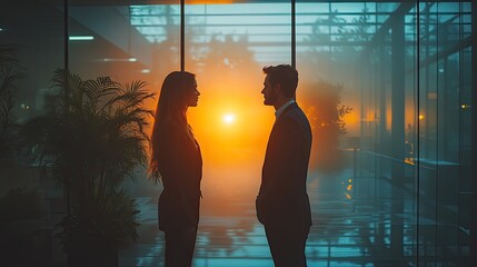 A modern office space with two individuals collaborating.