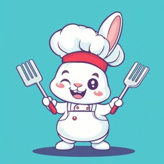 Chef Holding Spatula: Cute Rabbit Chef with Barbecue Fork and Hat Character Illustration