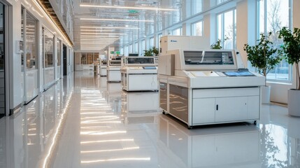 Advanced printing machines line a bright, airy hallway, featuring large windows that allow natural light to fill the space. The polished floor reflects the equipment, enhancing the modern atmosphere
