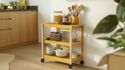 Functional modern kitchen with a soft yellow rolling cart keeping utensils and cookware organized.