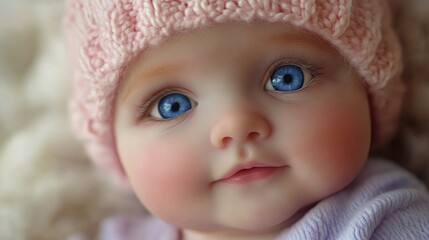 Captivating Blue-Eyed Baby Doll with Pink Knitted Cap - Close-Up Portrait