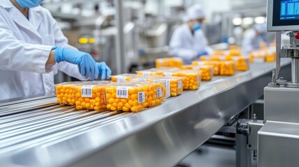 Fototapeta premium Efficient Industrial Food Processing Line with Workers Packing Bright Orange Snacks into Clear Plastic Containers in Modern Factory Setting
