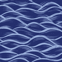 Vector Linocut Abstract Wave Seamless Pattern in Shades of Blues