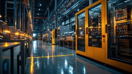 A spacious manufacturing facility features rows of advanced machinery and equipment, all illuminated with warm artificial lighting. Workers are engaged in various tasks throughout the area