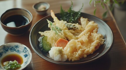 A delicious arrangement of tempura served on a brown plate