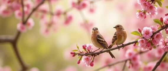 Fototapeta premium Funny little sparrow chicks are sitting in the garden surrounded by pink apple trees on a sunny May day.