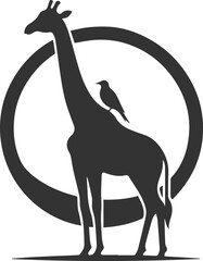 Giraffe standing still with bird perched on its back vector silhouette