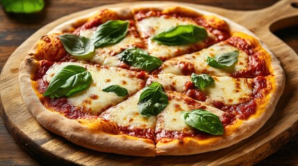 A Delicious Pizza Garnished With Fresh Green Basil Leaves