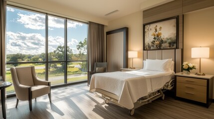 A clean and comfortable hospital room features a large window letting in natural light and showcasing a scenic view of greenery outside. The space is inviting and well-furnished