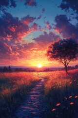 Fototapeta premium A serene landscape image of a sunset over a green grassy field