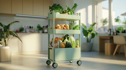 Light and airy kitchen with a pastel green wheeled rack organizing fresh produce and kitchen tools.