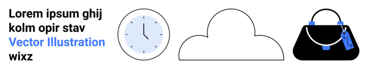 Clock showing time, cloud outline, and elegant handbag with blue accents. Ideal for time management, fashion, weather forecast, scheduling, minimal design, branding flat landing page banner