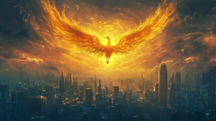 Glowing phoenix circling above a city skyline, sunrise illuminating its feathers
