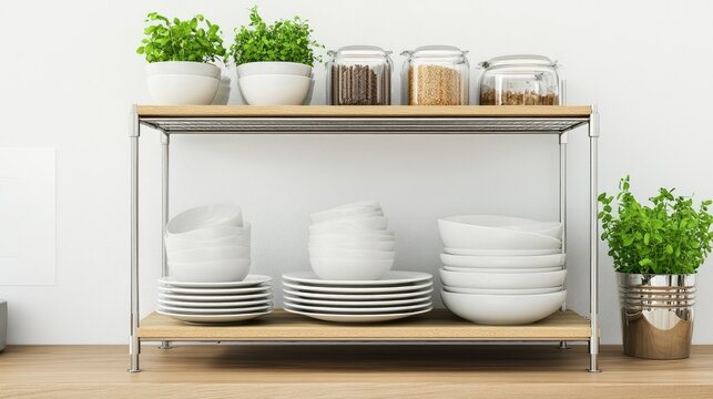 Minimalist kitchen with a stylish beige rolling shelf organizing pantry essentials and ceramic dishes.