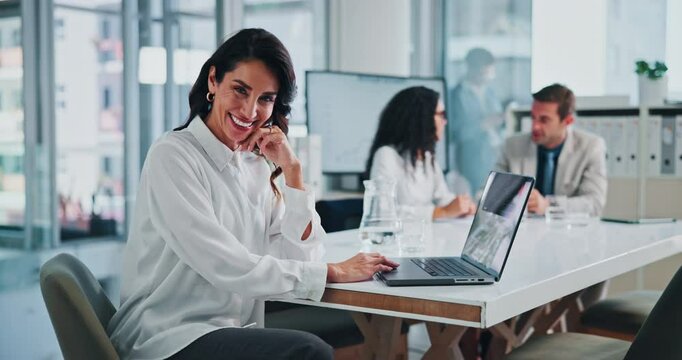 Face, manager and happy business woman in office as talent acquisition specialist with experience on laptop. Portrait, HR worker and recruitment expert, hiring professional and headhunter coworking
