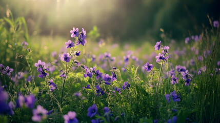 Obraz premium A wildflower-filled meadow with violets standing out among the grasses, their purple petals adding a burst of color.