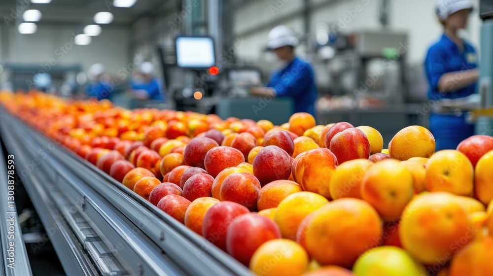 Poster freshly harvested apples in a modern fruit processing facility with workers in blue uniforms sorting