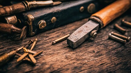 A rustic arrangement of woodworking tools and hardware on a wooden surface, emphasizing craftsmanship and vintage design.