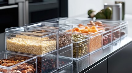Modern kitchen with clear acrylic storage bins organizing frequently used ingredients on an open shelf.
