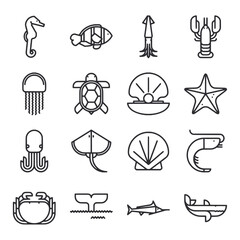 A set of black and white icons of sea creatures