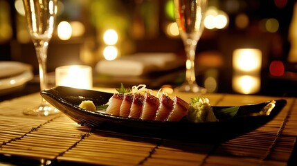 Obraz premium A beautifully plated sashimi boat on a bamboo mat, with candlelight reflections creating a soft and inviting mood.
