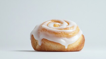 A cinnamon swirl pastry with icing dripping down
