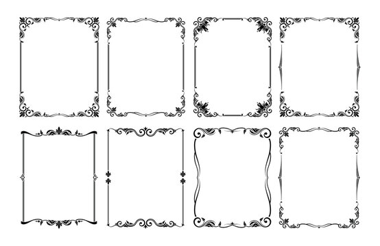 Decorative black frames. Retro calligraphic ornamental frame, vintage black and white rectangle ornaments, and ornate border. Decorative wedding frames, antique museum isolated image borders.