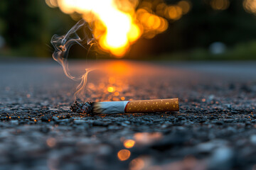 close up of cigarette butt on ground with smoke rising against sunset background