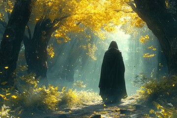 A figure in a cloak walks through a dense forest, surrounded by trees and foliage