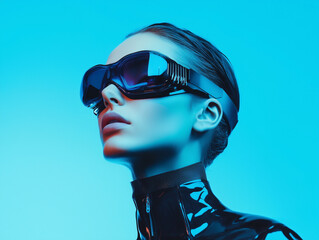 futuristic woman in high fashion sci fi attire with duotone lighting