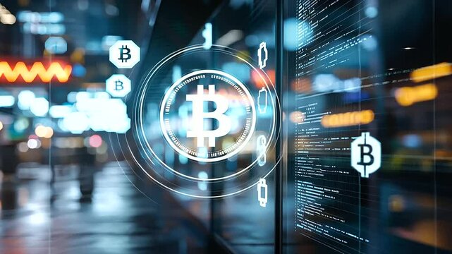 Futuristic marketplace with vendors using blockchain wallets