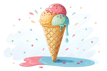 Vector Ice Cream Cone with Melting Effect on White Background &ndash; Sweet Summer Treat (PNG)
