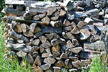 Close Up of Stacked Firewood Pile in Outdoor Field 