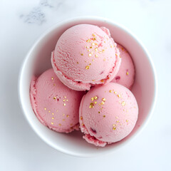 Delicate rose-colored ice cream scoops are topped with flecks of edible gold. A refreshing, sweet treat.