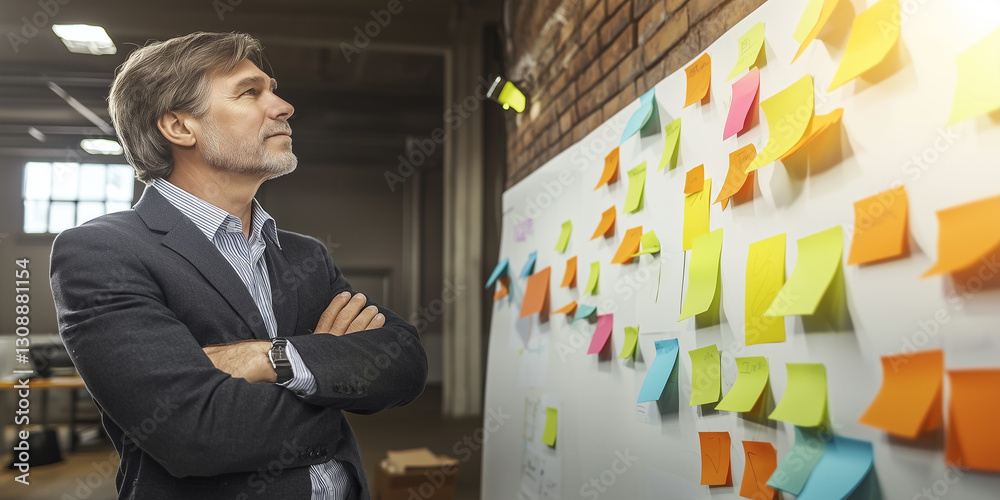 Poster thoughtful businessman stands in front of wall covered with colorful sticky notes