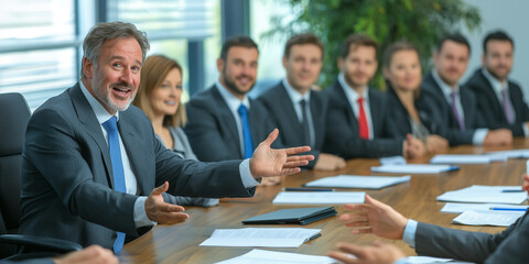 group of business professionals in meeting, with man presenting confidently