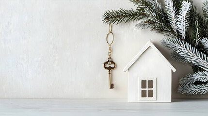 White Wooden House Ornament With Golden Key Hanging From Snow Covered Fir Branch on White Background