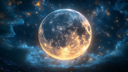 Obraz premium Luminous Full Moon with Vibrant Clouds and Sparkling Stars