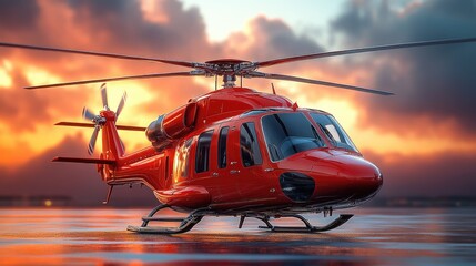 A red helicopter sits on the surface of a calm body of water, with no signs of life nearby