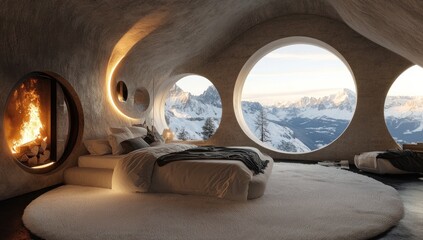 Modern bedroom with circular windows overlooking snowy mountains.