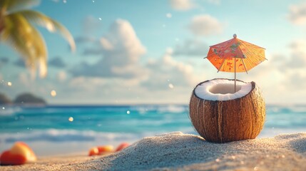 A sliced coconut with umbrella resting on a sandy beach