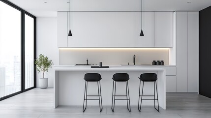 Ultra-clean white kitchen with integrated LED lighting, hidden handles, and a refined, space-efficient layout.