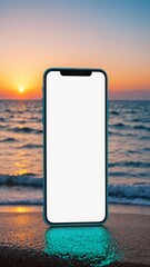 Smartphone with sunset ocean view on beach