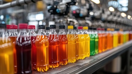Colorful Bottled Beverages on Conveyor Belt in Manufacturing Facility showcasing Production Process and Variety of Refreshing Drinks